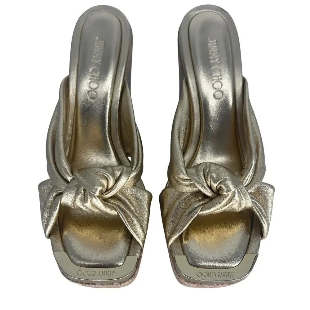 Jimmy Choo Avenue‎ Metallic Leather Cork Wedge Sandals Gold 37